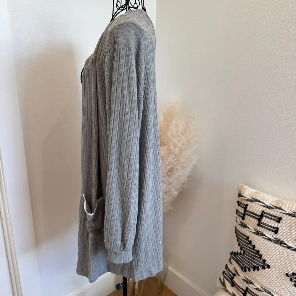 Anthropologie x Perch Gray Ribbed Knit Loungewear Cardigan Lace Pockets NWT